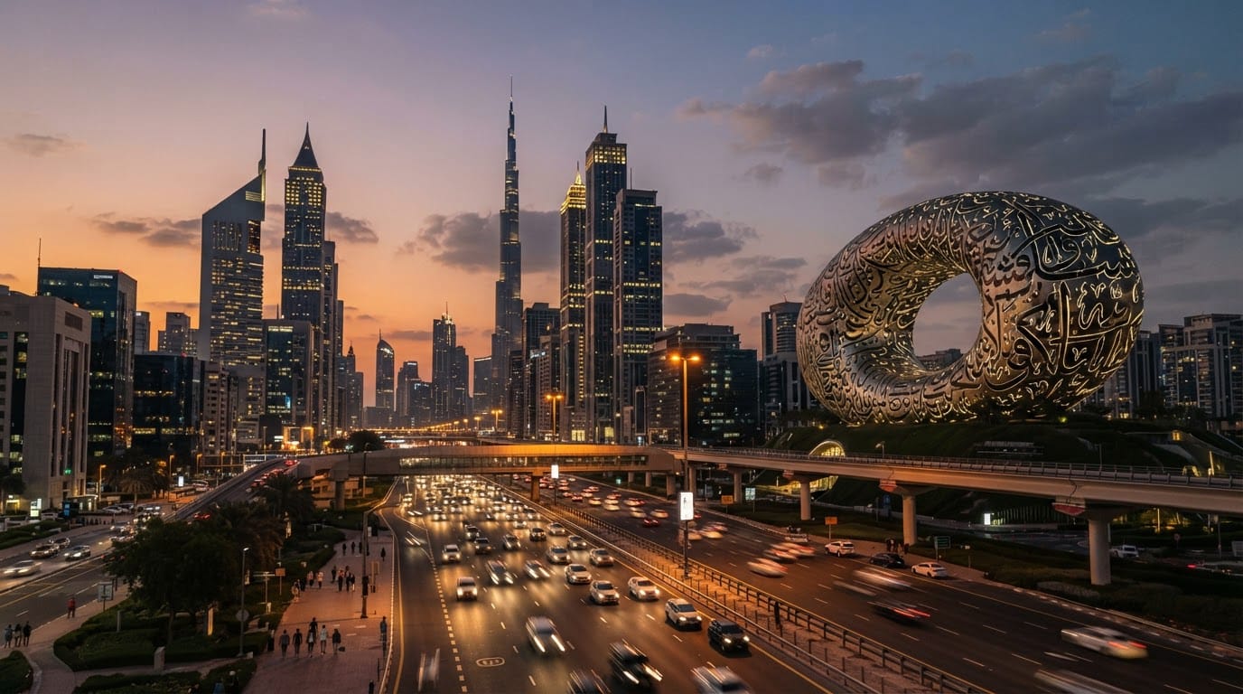 Dubai skyline with the Museum of the Future