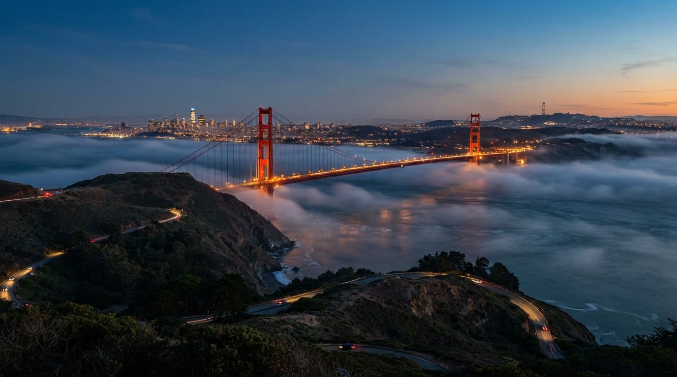 Golden Gate Bridge and San Francisco at dusk